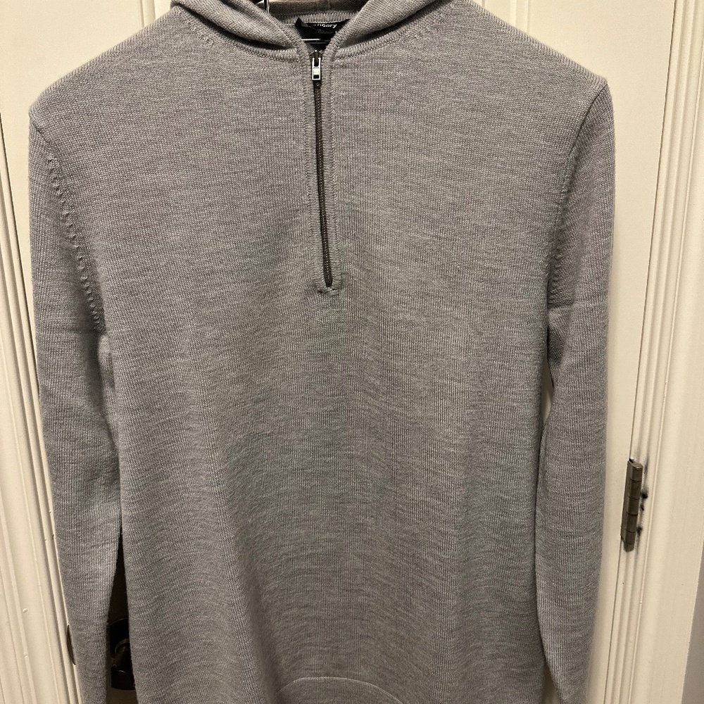 Theory Pullover Quarter Zip Hooded Wool Sweater, Large